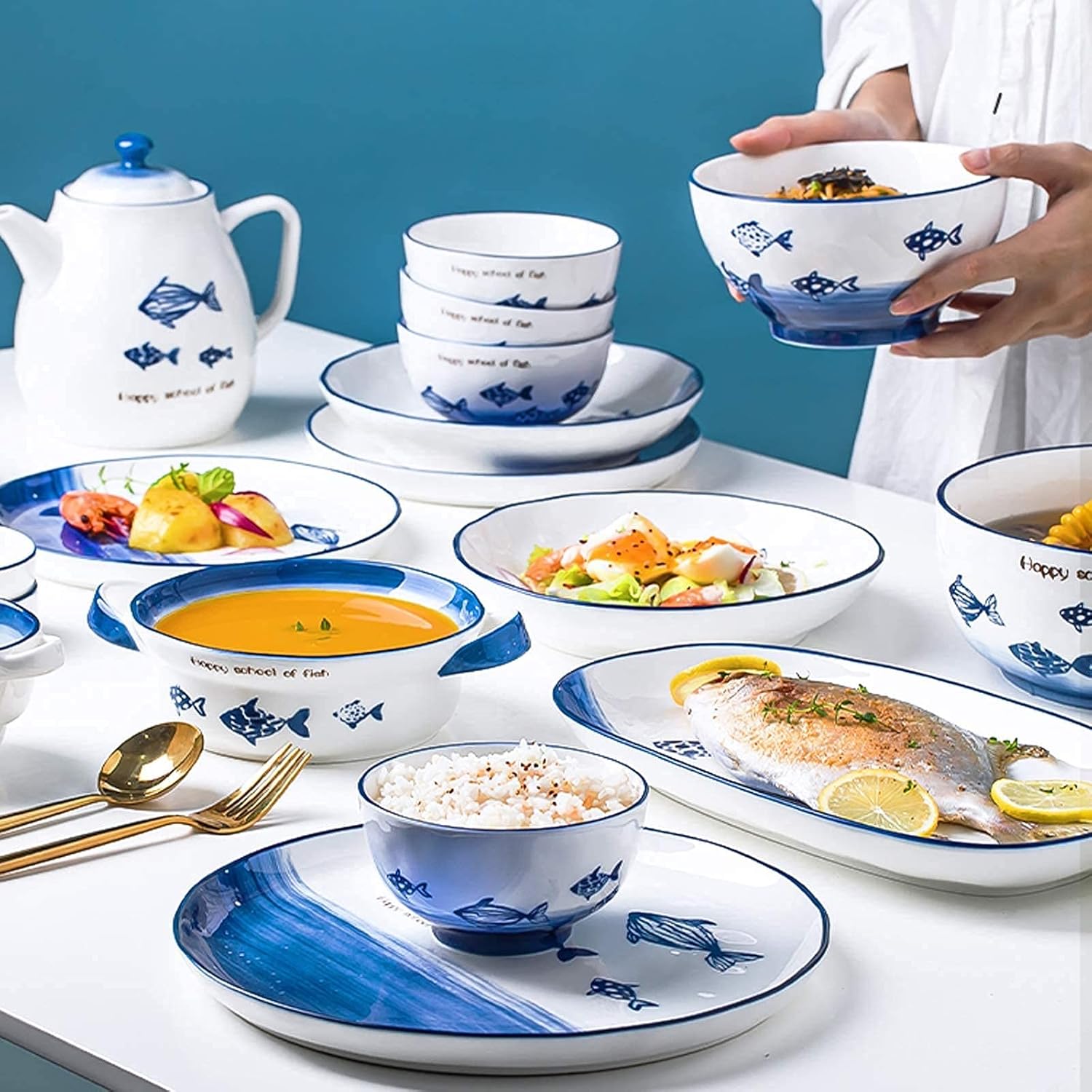 高級ディナーセット、セラミックディナーセット、ブルーグラデーション